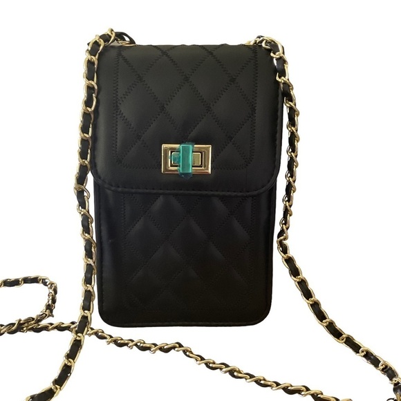 New Quilted Crossbody Shoulder Bag Black & Gold Rectangle Shaped - Picture 1 of 11